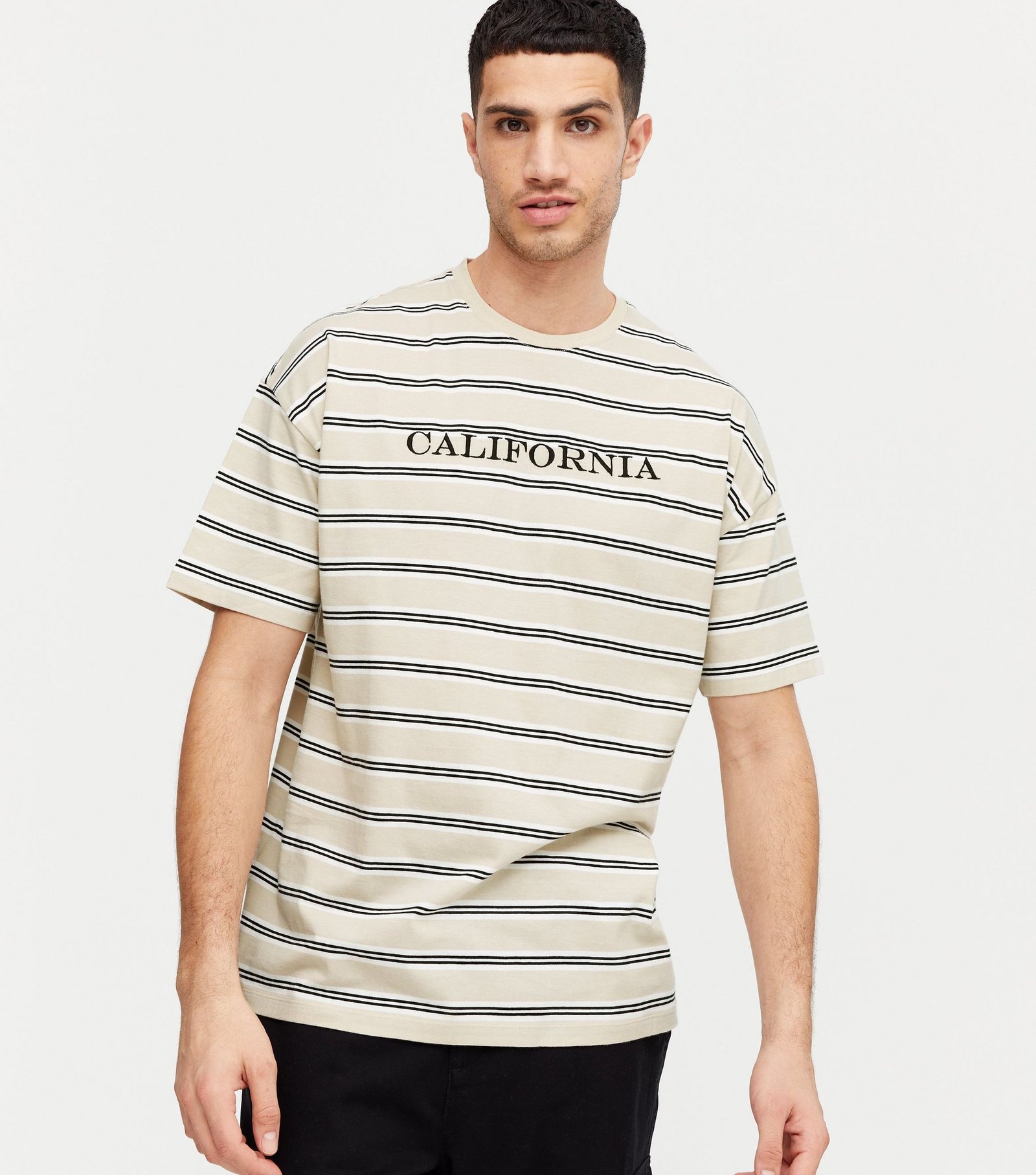 New Look Stone Stripe California Embroidered T-Shirt - Image 4