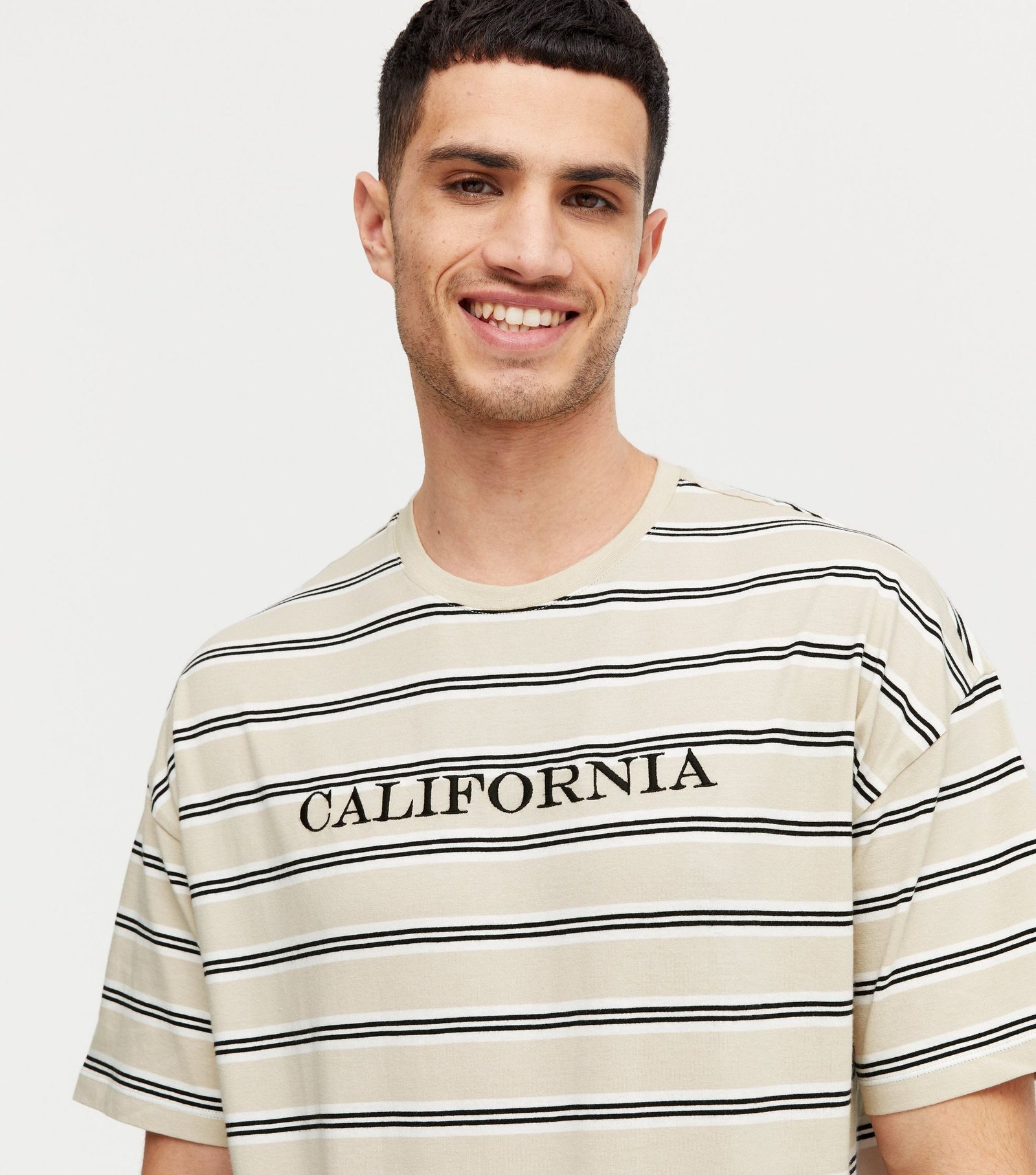 New Look Stone Stripe California Embroidered T-Shirt - Image 2